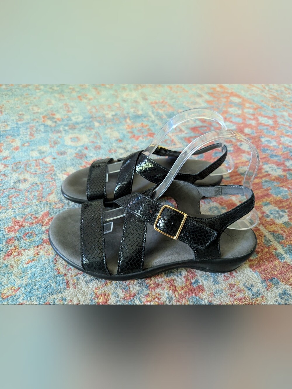 SAS Laguna Weave Nero Women's 8.5 Wide Sandal Leather Knit Print Shiny Sheen